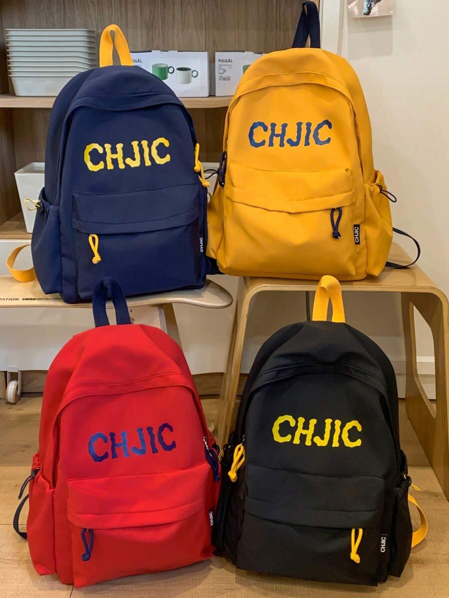 1 pieza Mochila unisex de nailon, mochila escolar/universitaria con estampado de letras de moda, mochila de ocio/viaje con cierre de cremallera, adecuada para todas las estaciones