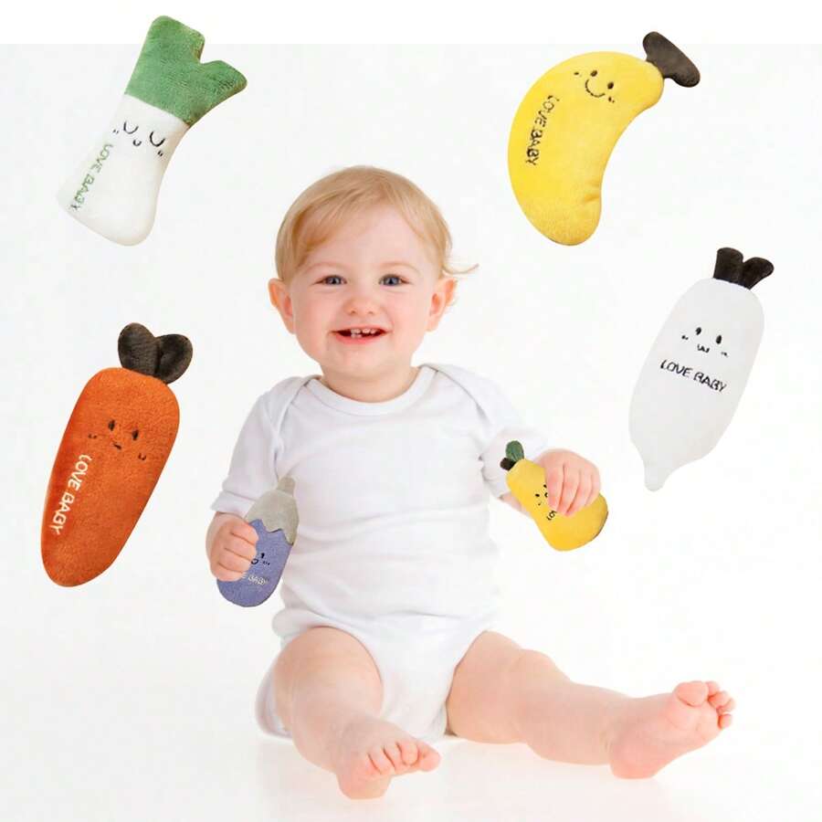 Poupée en peluche douce d'animal bébé | Remplissage de particules en PE fluides | Jouet sensoriel bébé pour temps sur le ventre 0-6 mois, compagnon de chambre d'enfant câlin pour nouveau-nés 0-12 mois, coffret cadeau de naissance (fruits et légumes)