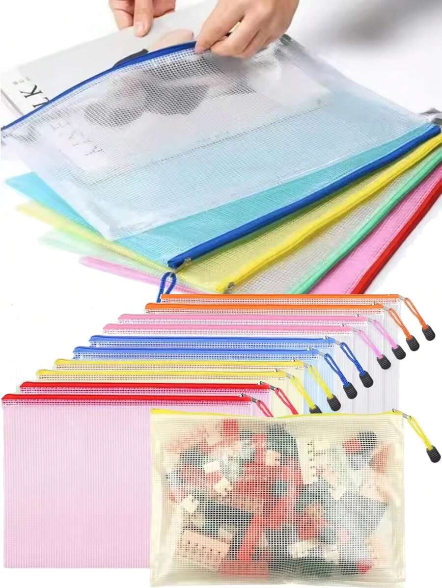 1/2/4/8Pcs Portable Zipper File Bag Transparent Single-Layer Mesh Student Test Paper Data Storage Bag Office Files Stationery (A4 A5 B5)