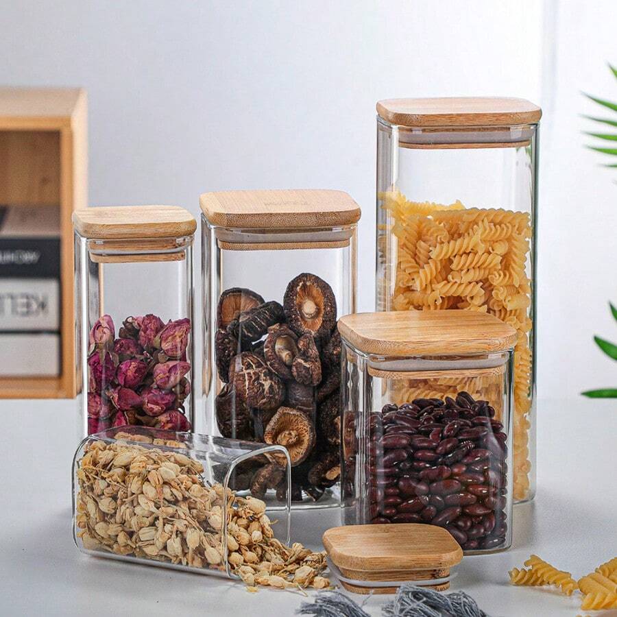 Frasco de almacenamiento de vidrio con tapa cuadrada de bambú, recipiente hermético transparente para granos de café, cereales, frutos secos