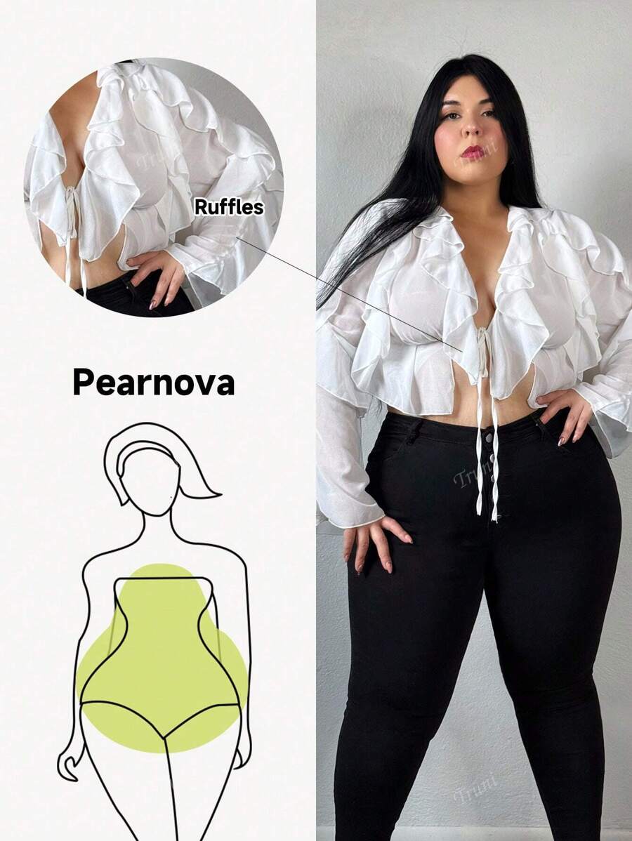 Truni Plus Size Women Spring/Summer Elegant Vacation Outfits Solid Color Ruffle Patchwork Long Sleeve Casual Shirt