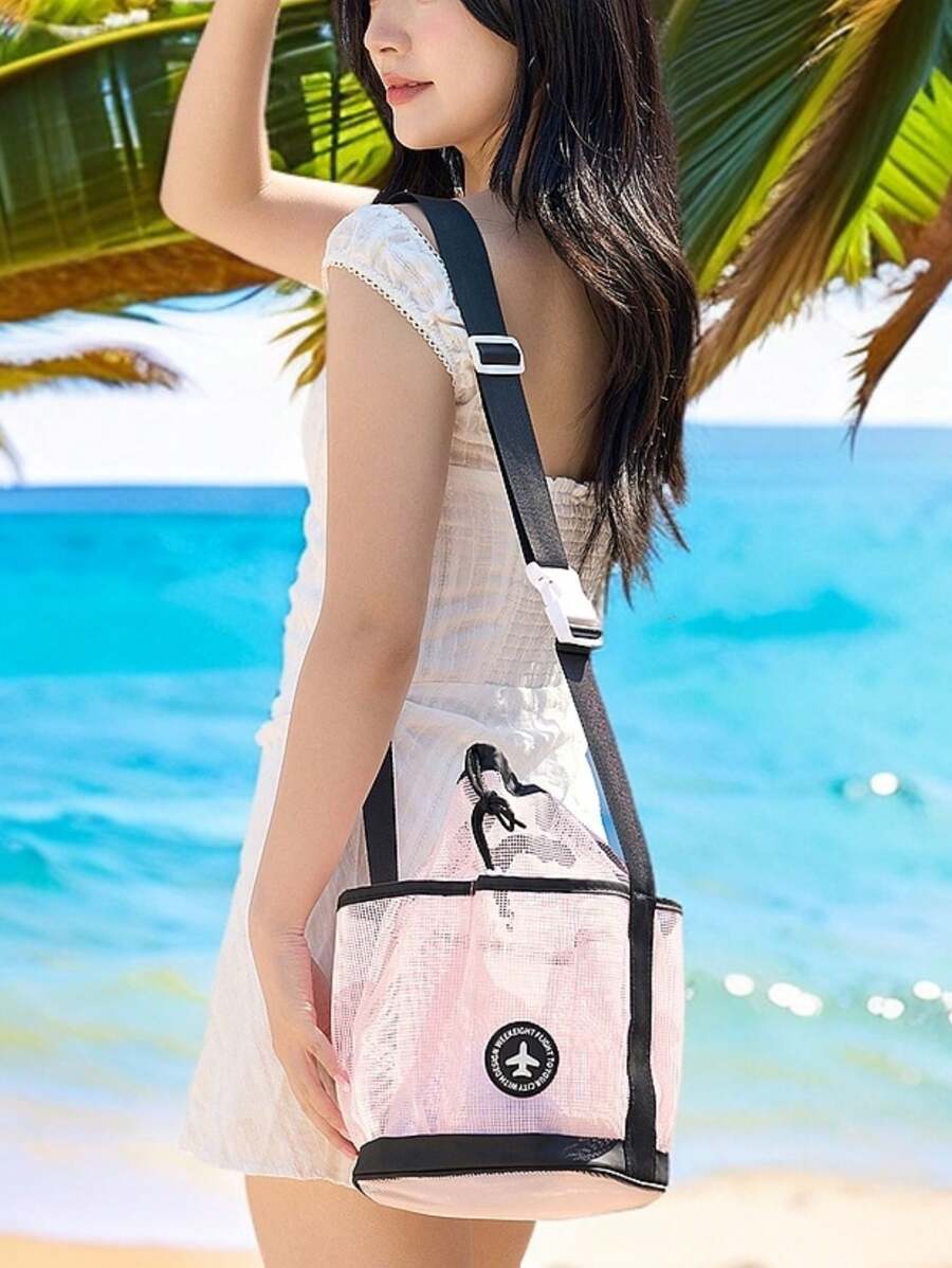 1 pezzo Borsa da nuoto a forma di barile con coulisse, borsa a rete per lavaggio di grande capacità, borsa da palestra, borsa da spiaggia con cinghia per la spalla regolabile