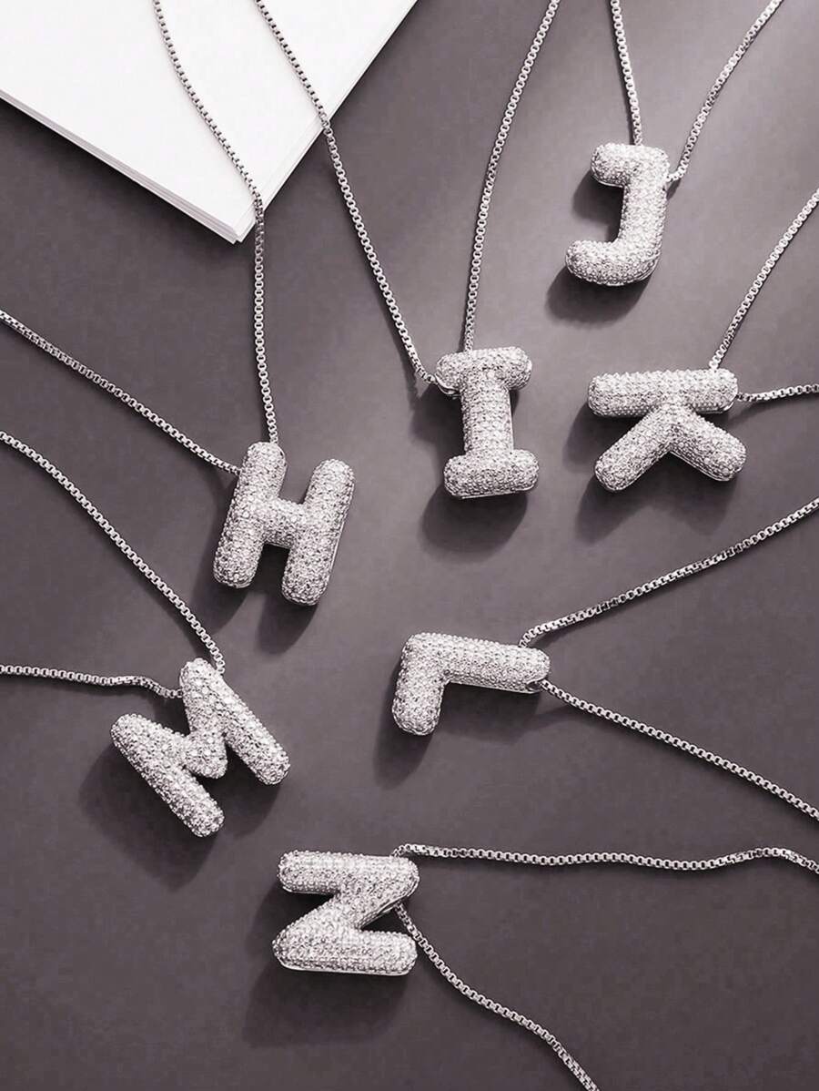 MECYLIFE 1pc Curvy Cubic Zirconia Bubble Letter Necklace, 26-Letter Pendant