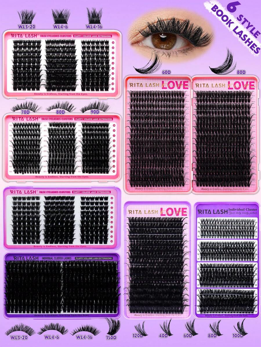 RITALASH RITALASH 592pcs/460pcs/288pcs/280pcs/180pcs D Curl Individual Cluster Lashes 6 Styles Book Clusters DIY False Eyelash Extension Mix Length Fluffy And Comfortable False Eyelashes At Home For Daily Life&Dates And Party