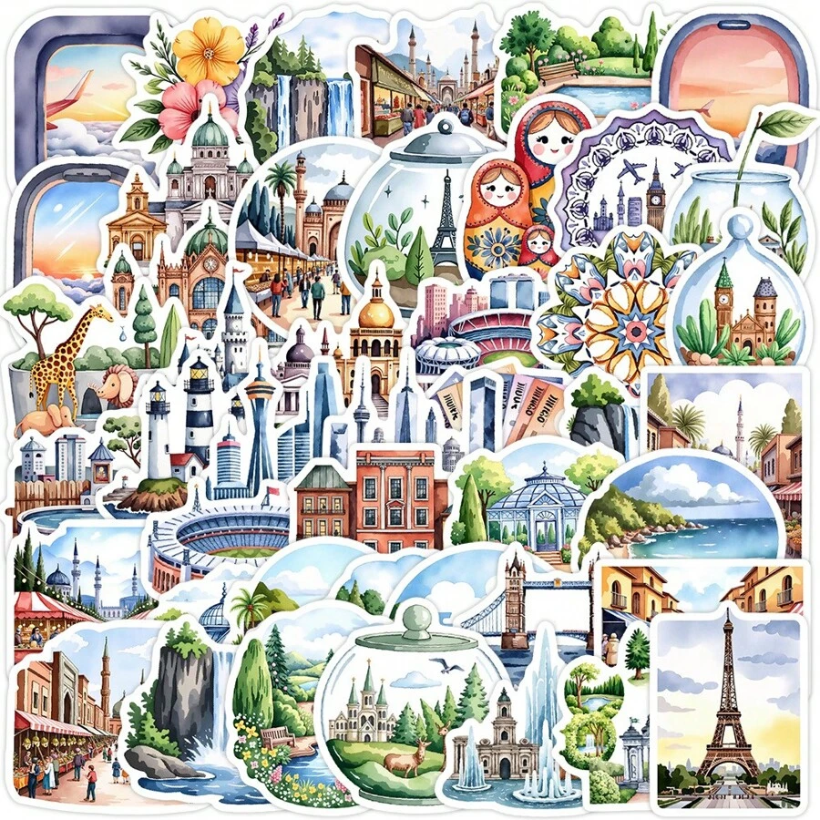 50PCS Watercolor Travel Doodles Stickers Vinyl Aesthetics Stickers Scrapbook, Journaling, Laptop, Bumper, Skateboard, Water Bottles, Computer, Phone, Cartoon, Hard Hat, Car Stickers