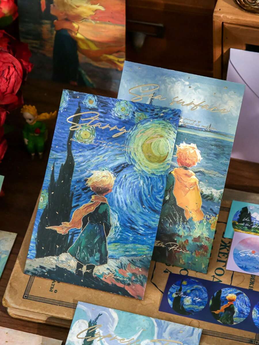 1 set di cancelleria da sogno, comprendente carta e busta, carta da lettere decorata con fogli dorati a tema artistico di museo, con buste, forniture scolastiche, back to school
