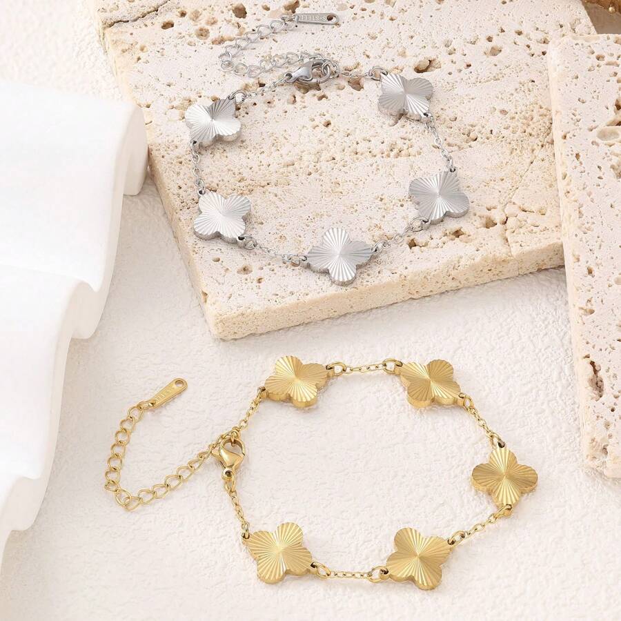 1pc 18K Gold Stainless Steel Premium Handcrafted Four-Leaf Clover Bracelet, Suitable For Women's Daily Wear