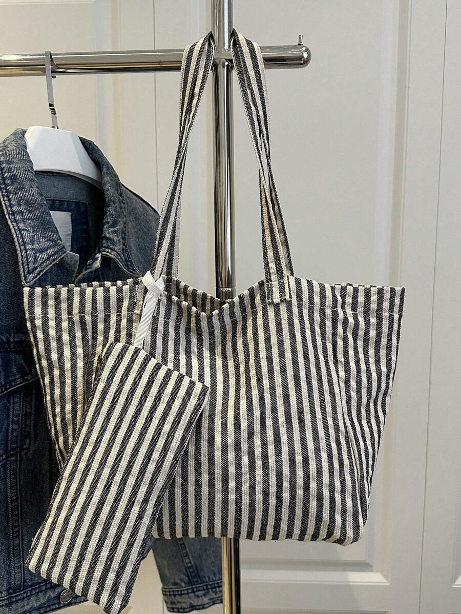 Bolsa tote casual versátil listrada de grande capacidade
