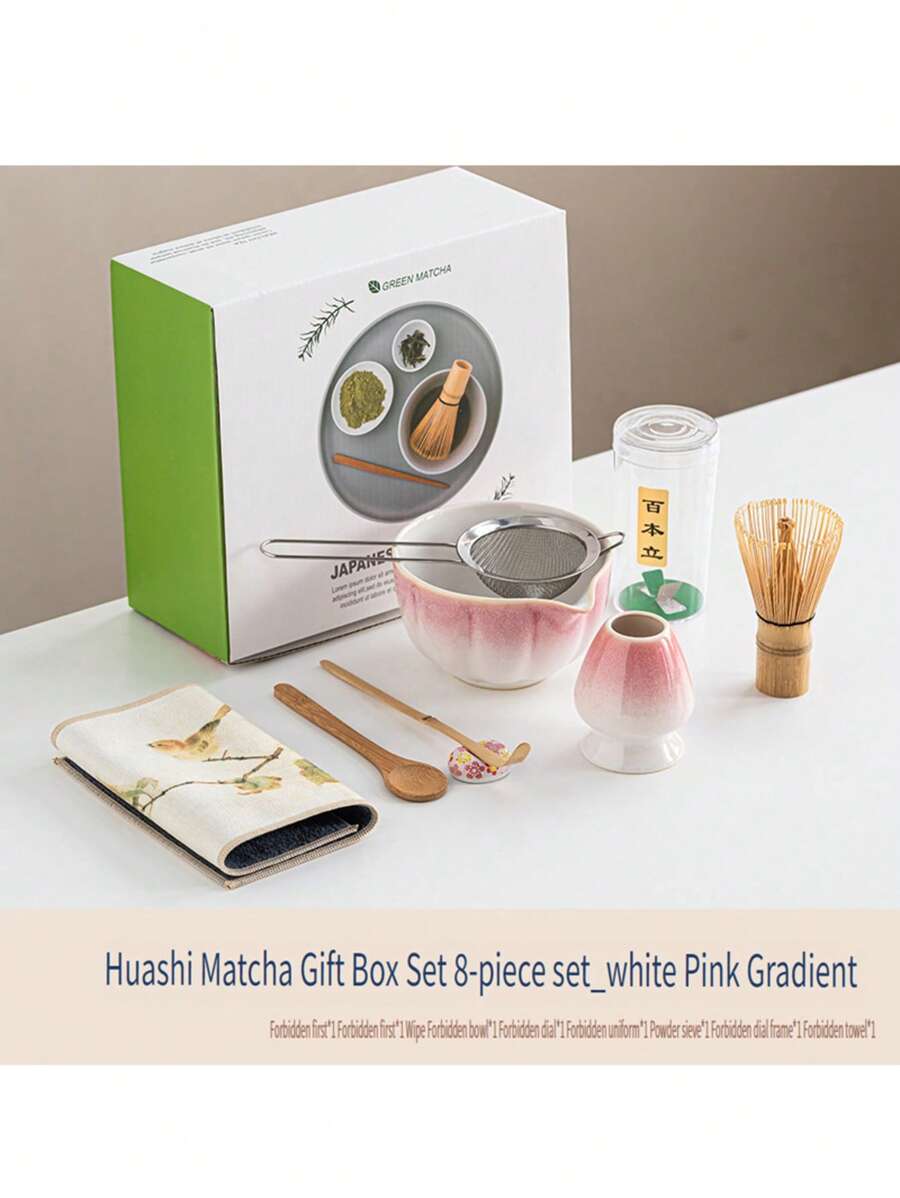 Summer Cherry Blossom Pink Matcha Tea Set, Includes Bamboo Tea Brush + Imitation Song Dynasty Tea Utensil, 8pcs Gift Box Set, Essential For Tea Lovers, Tea Ceremony Tools, Japanese Tea Ware Back To School