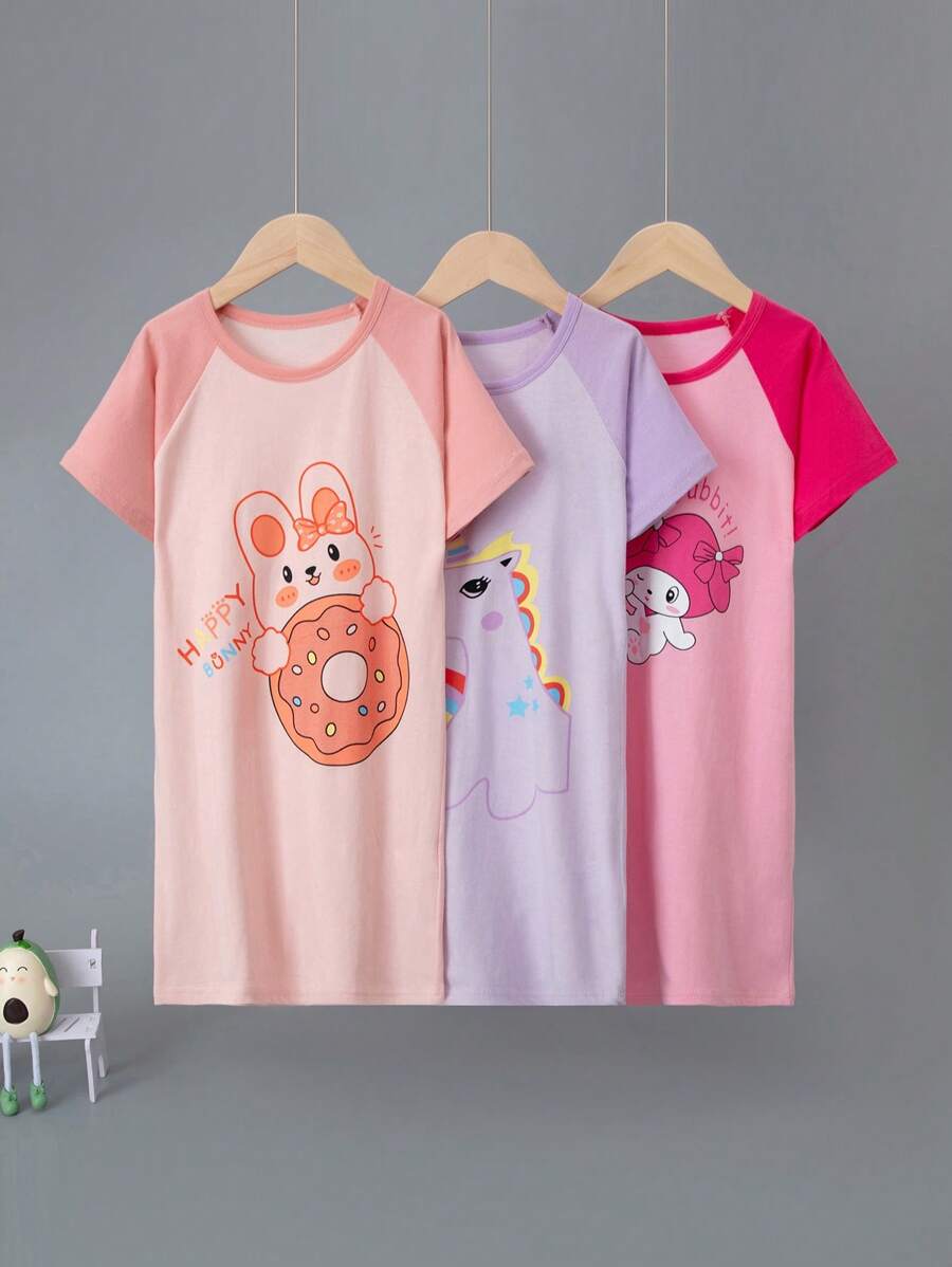 3 piezas Camisones de algodón para niñas, vestidos de pijama con estampado de dibujos animados lindos, pijamas livianos de ropa de casa para verano