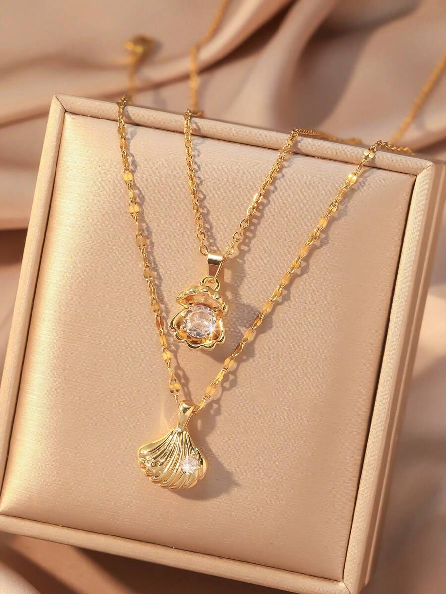 2 pièces/Set Série océanique collier pendentif avec coquille incrusté de cubique zircone scintillant, chaîne ras-de-cou en acier inoxydable doré. Convient pour le port quotidien, les vacances, les fêtes, les cadeaux