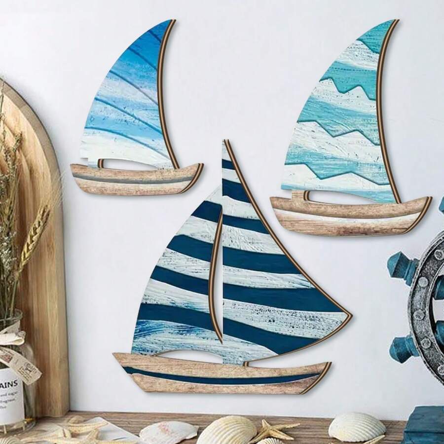 3 Pezzi di Quadri da Parete in Legno con Barca a Vela Blu per Decorazione Casa e Ufficio, Decorazione da Parete Stile Fattoria con Barca a Vela Carina per Casa, Soggiorno, Camera da Letto, Decorazioni Estive per Casa, Spiaggia