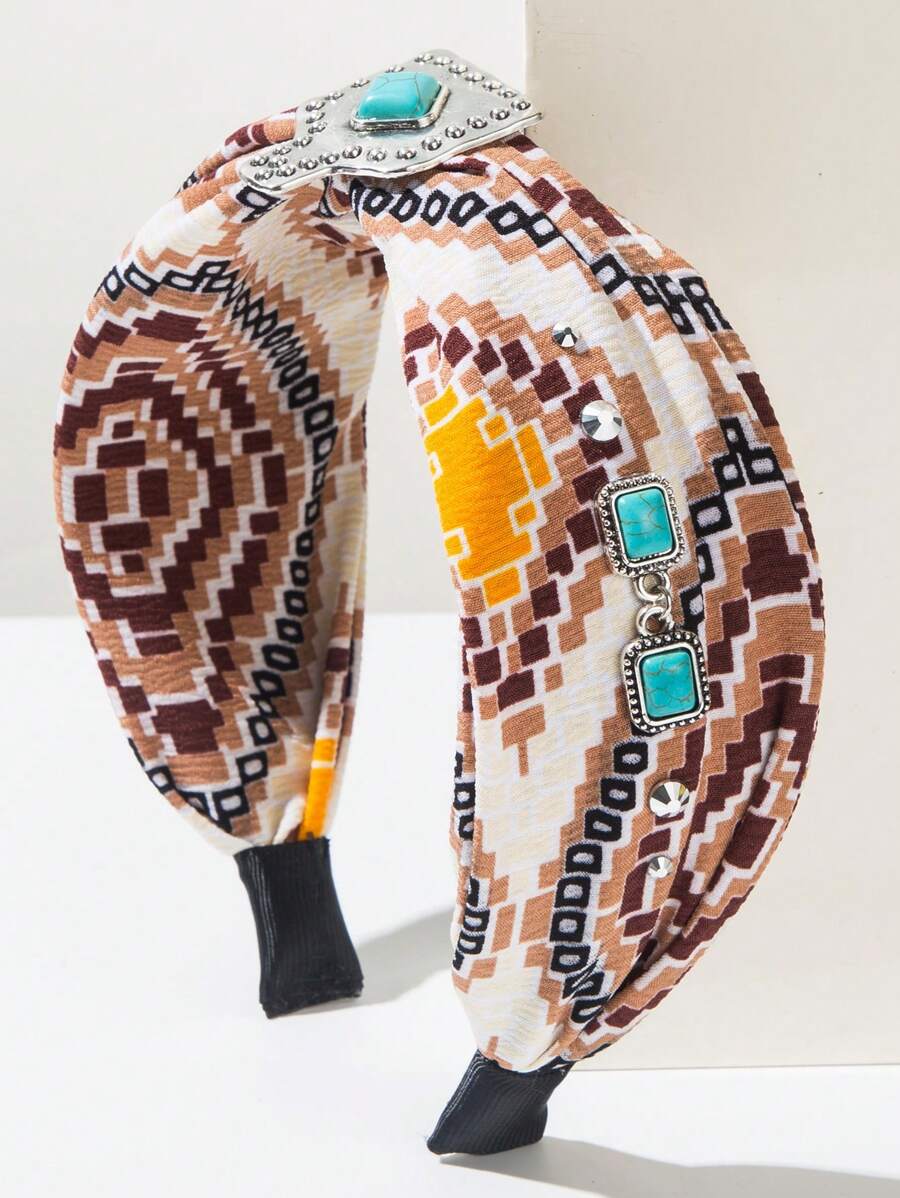 1 Stück Stirnband im Boho Chic Stil mit bedrucktem Stoff für Damen, vintage minimalistischer Kopfschmuck aus Legierung mit Türkis, Western Cowgirl Beach Accessoire