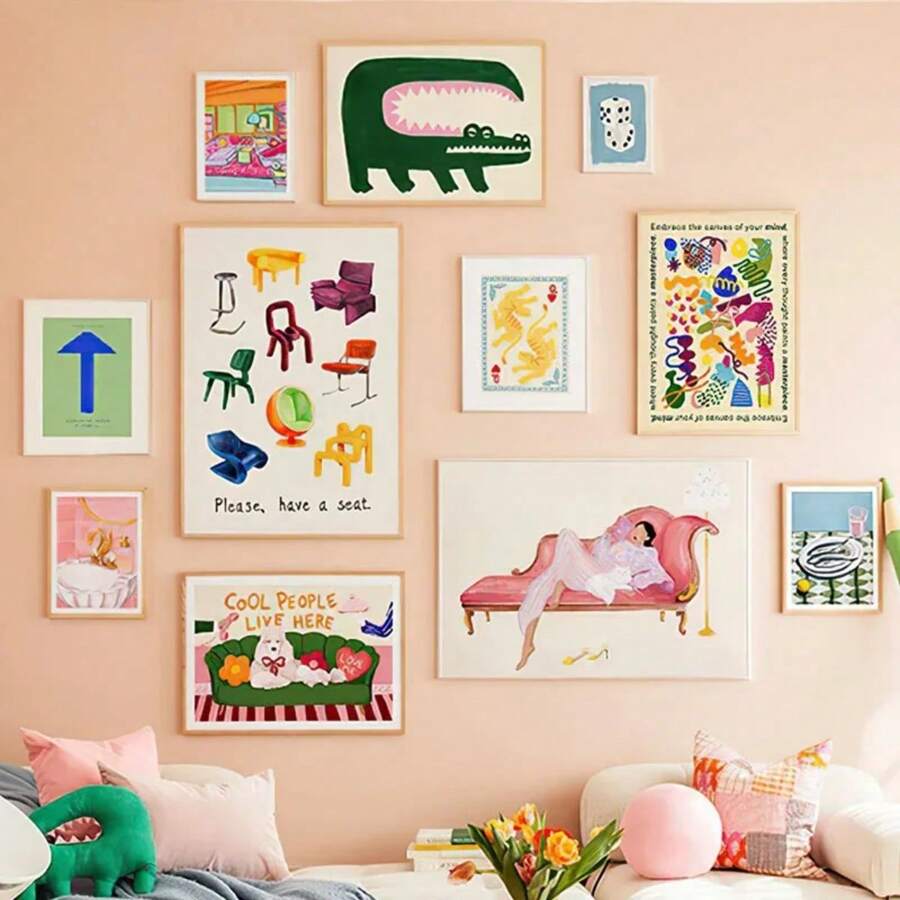 1 pièce Cadeau Moderne Peinture sur canevas Affiche Impression Abstrait Lignes Colorées Vie Canapé Fauteuil Poissons Crocodiles pour Décoration Murale Salon Maison, Cadre en option