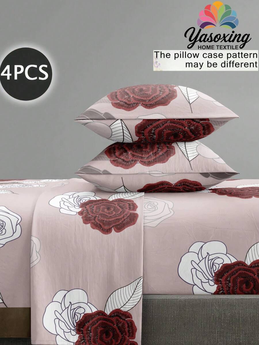 Juego de sábanas de 4 piezas con estampado de rosas rosadas y blancas, 1 sábana ajustable, 1 sábana plana, 2 fundas de almohada (sin incluir el relleno de la almohada). Juego de sábanas de lujo para cama king, queen, full y twin con bolsillo profundo de hasta 11.8 pulgadas. Suave, transpirable y libre de arrugas para un mejor sueño. Estilo de hotel de lujo, regalo para mamá, papá o amigo, juego de ropa de cama de estilo granja.