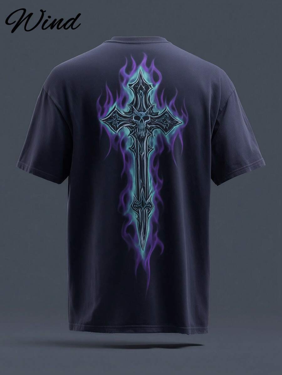 Men's Street Style Retro Luminous Devil Cross 3D Print Crew Neck Short Sleeve T-Shirt, Casual Sports Relaxed Fit, Suitable For Sports, Leisure, Home Gatherings