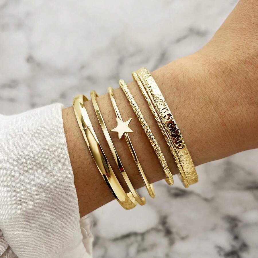 Conjunto de 6 pulseiras exclusivas com abertura assimétrica em formato de estrela para mulheres
