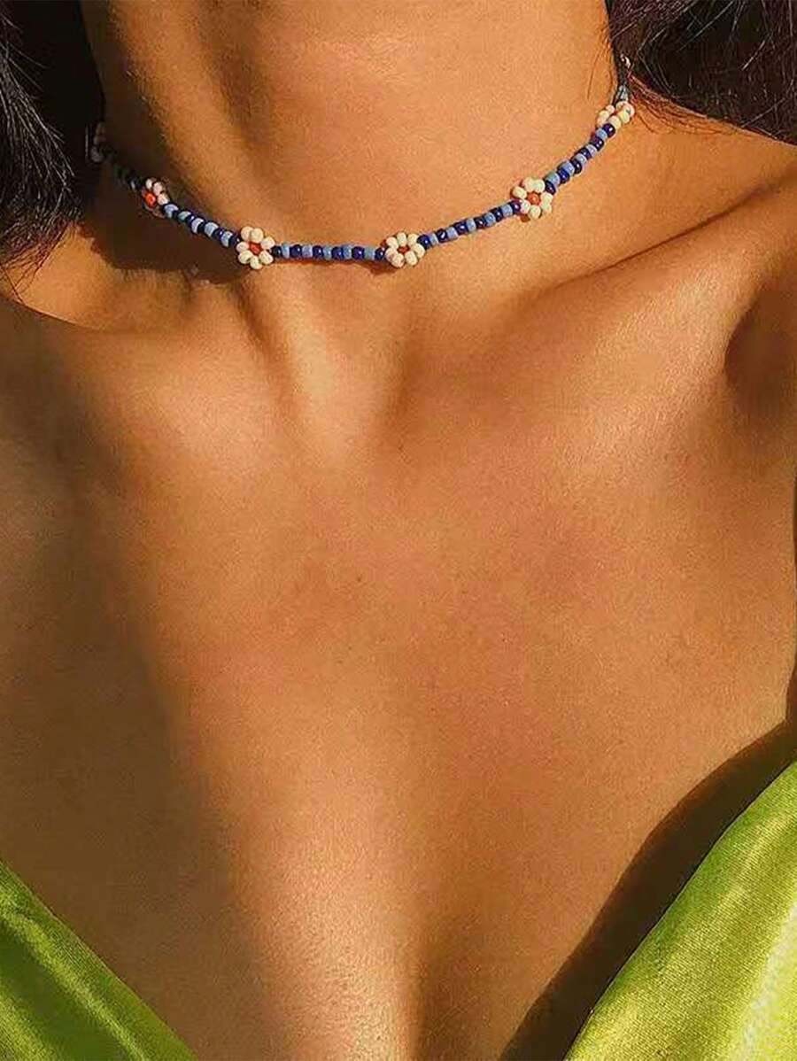 1 Peça Colar Estilo Ocidental do Campo Azul com Flores de Margarida e Contas Feitas à Mão, Acessório de Joalheria de Verão Personalizado e da Moda, Colar Conversível e Choker