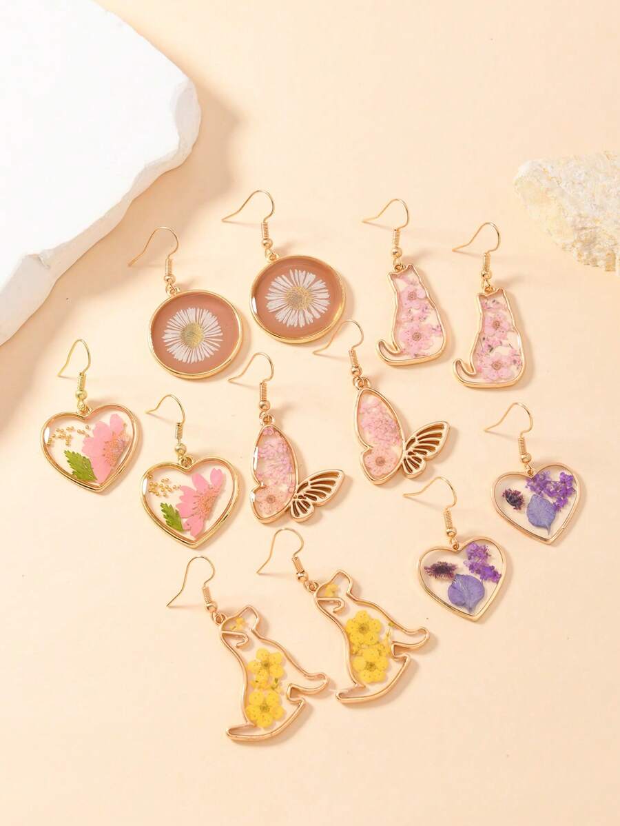 1 Pair Vacation Style Dried Flower, Heart, Cat, Dog, Butterfly, Daisy, Ditsy Floral Earrings In Pink, Yellow, Purple, Blue, Green, Gold Colors For Women, Suitable For Daily Wear