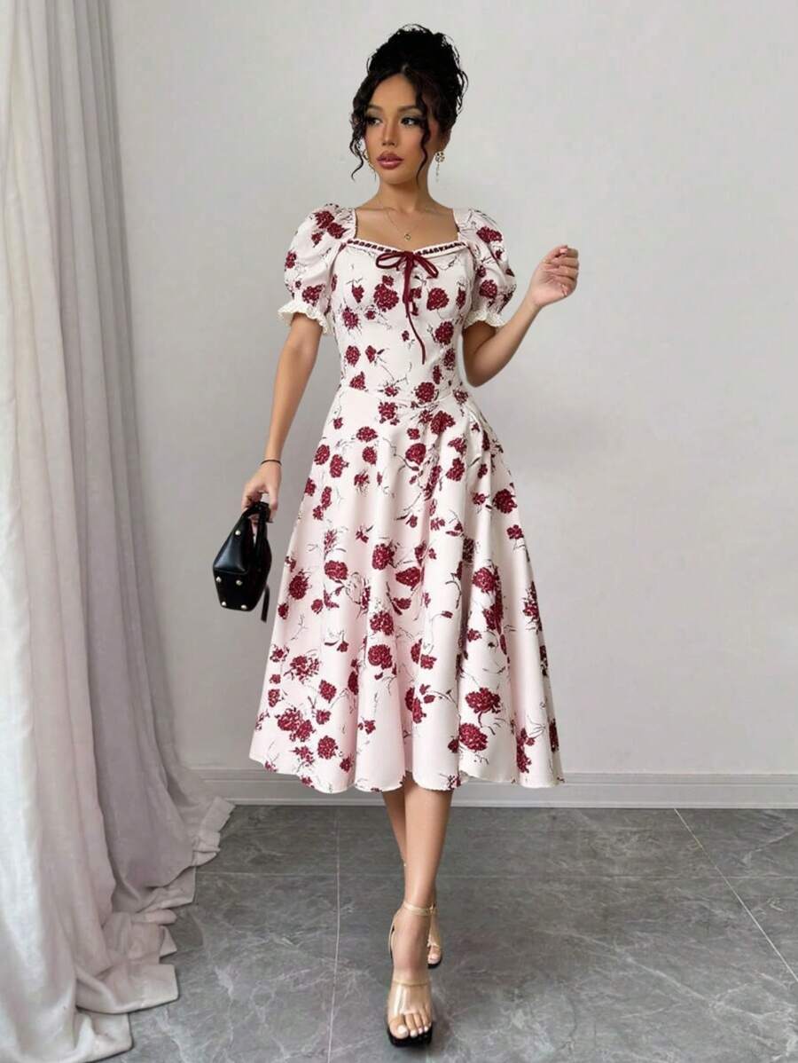 Vestido casual de verão, elegante e romântico, com estampa floral de rosas, manga bufante e cordão, comprimento midi