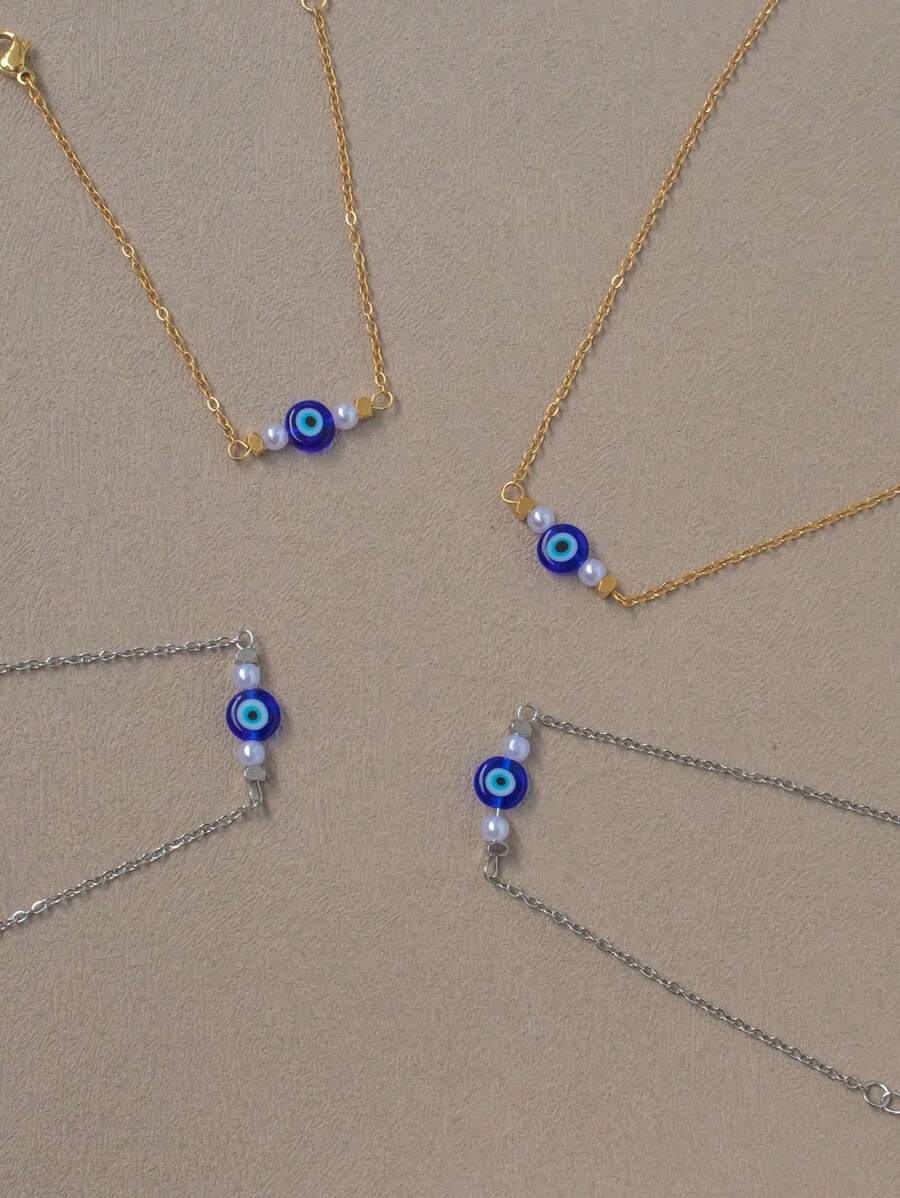 Conjunto de 2 peças de colar e pulseira de contas geométricas assimétricas minimalistas e modernas com mau-olhado em aço inoxidável, adequado para uso diário