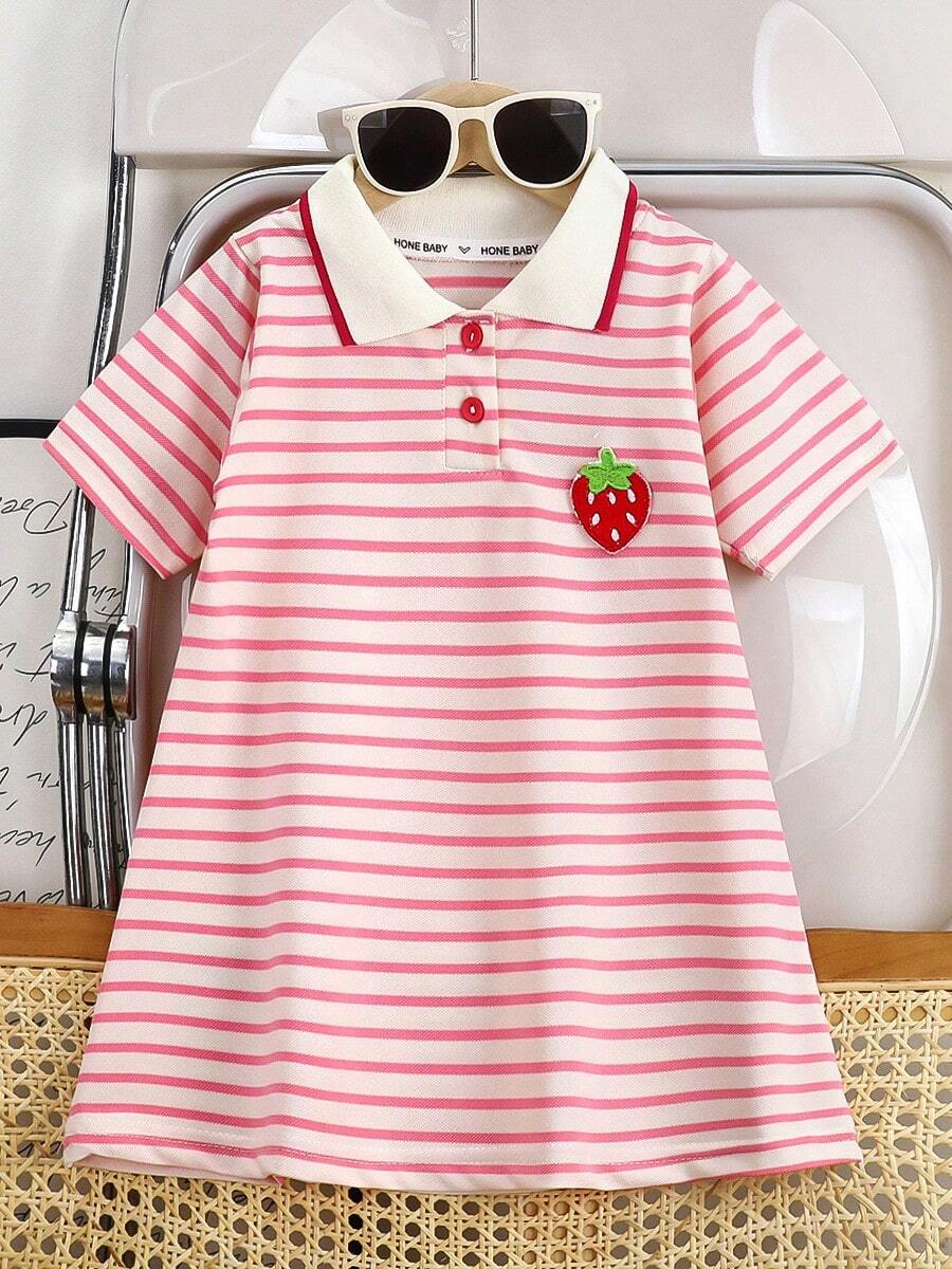 Vestido-camiseta de punto con cuello polo, estampado de rayas y bordado de fresa, ideal para exterior, sesiones de fotos, uso diario, escuela, imprescindible para primavera y verano para niñas