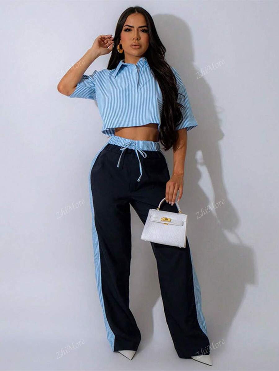 Conjunto Casual de Duas Peças para Mulheres com Top de Botão de Gola com Listras e Calça Reta com Cós Elástico e Recortes em Listras