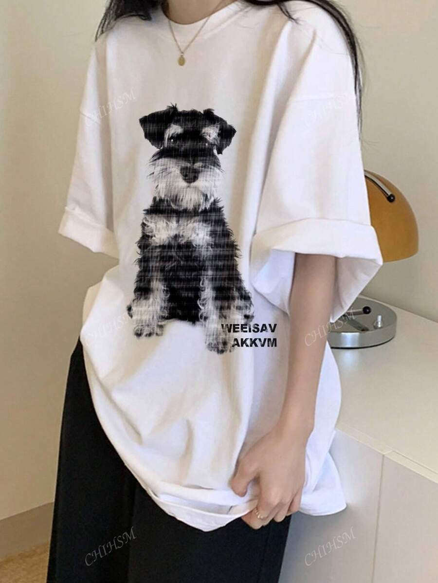 Dog Print Short Sleeve T-Shirt For Women, Casual Oversized Korean Style Tops For Summer