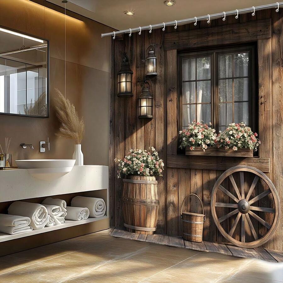 1pc Rustic Wooden Cabin Shower Curtain With Vintage Lanterns, Wagon Wheel, And Floral Planter Box Design - Machine Washable, All-Season Polyester Fabric, Unlined, Includes 12 Hooks Room Decor Bathroom Accessories
