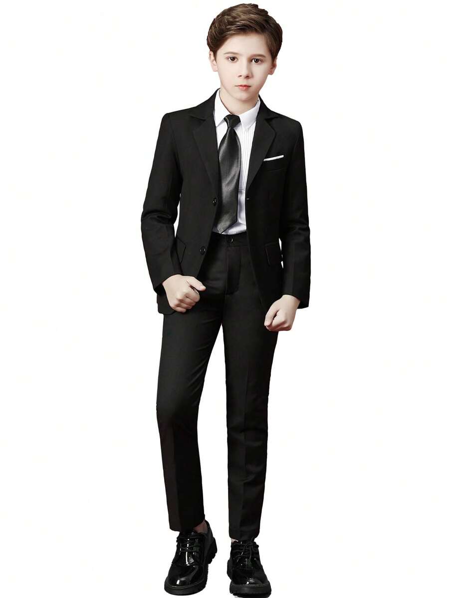 Traje para niños de 4 piezas, conjunto de traje de tuxedo para niños pequeños, atuendo de pajecito para bodas, que incluye blazer, pantalones, camisa y corbata, traje formal para niños de talla 4 a 14 años, color negro