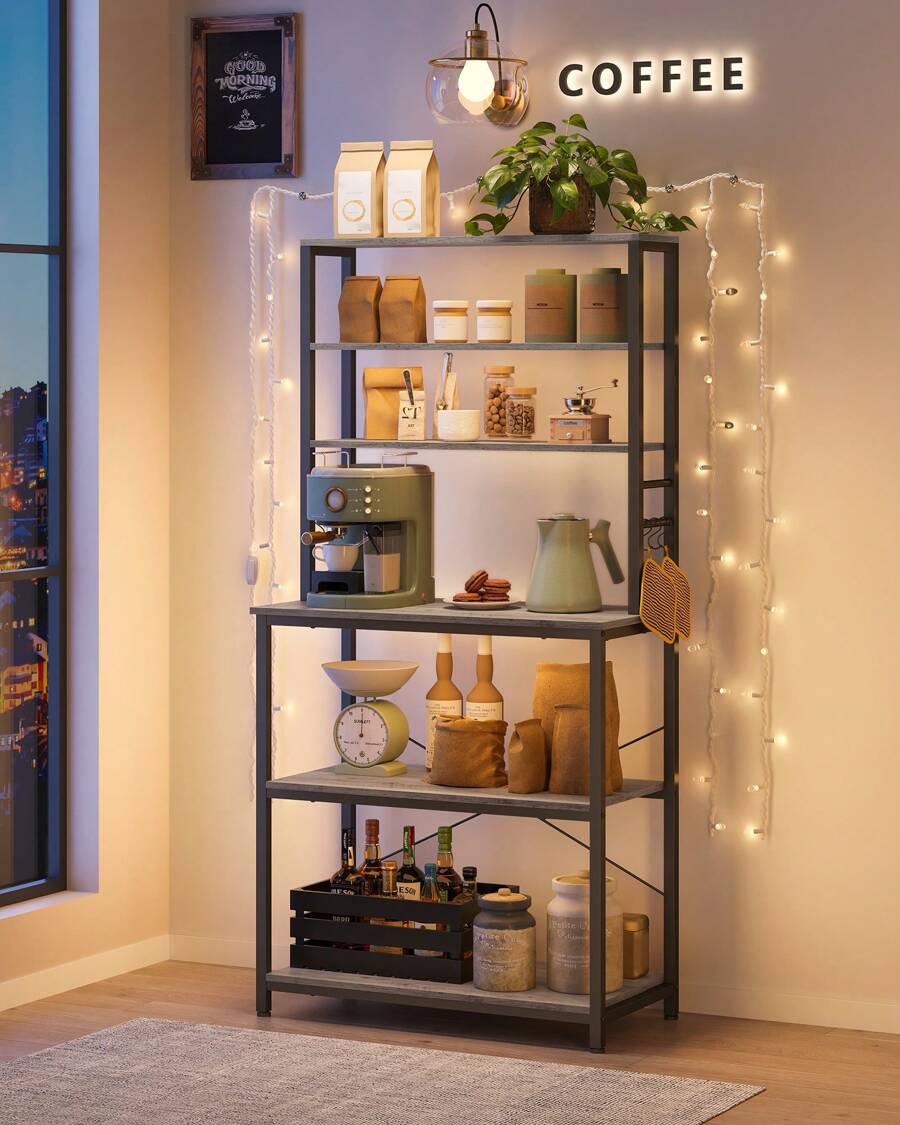Kitchen Storage Rack, Coffee Bar, Baker's Rack, Total 6 Shelves And 6 Hooks, For Microwave, Steel Frame, Industrial, 40 X 60 X 167 Cm, Greige And Black