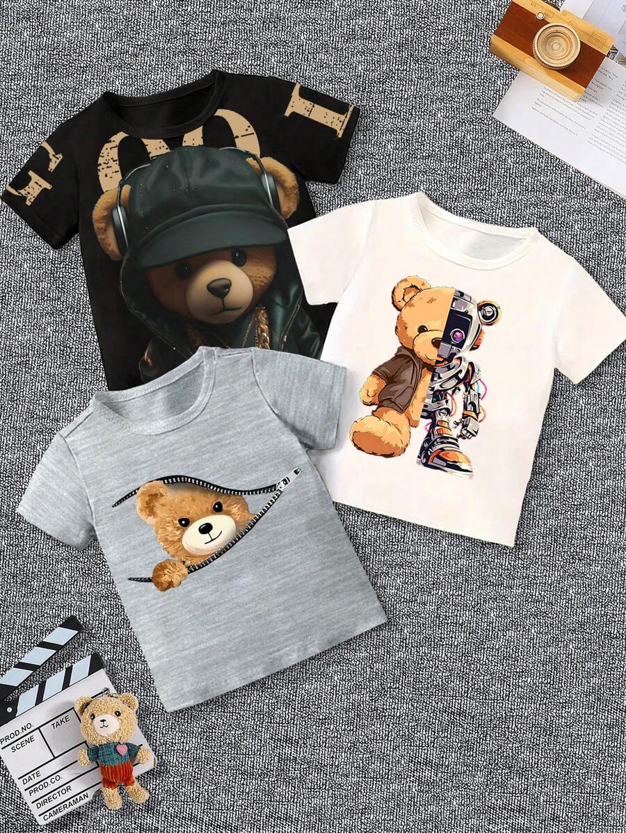 Set di 3 magliette casual a girocollo estive con stampa di orsacchiotti per neonati maschi