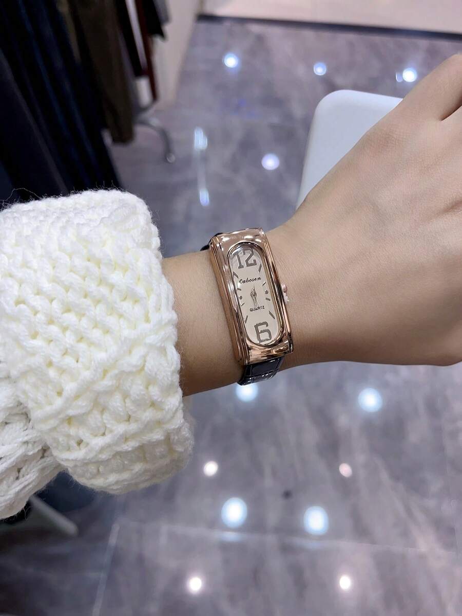 1 pieza Reloj de cuarzo de moda rectangular simple para mujer con correa negra, marrón o verde