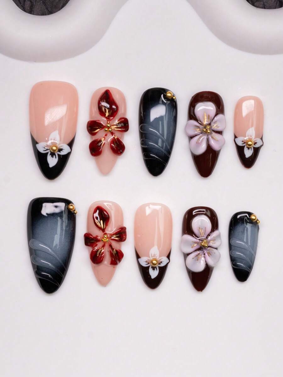Handmade Almond-Shaped Nail Tips, Y2K Baddie Style, For Spring & Summer, Nude, Blue, Brown Colors With Carved, Rhinestone, Pearl, Steel Bead Elements, 10pcs/Pack 3 Size Options, For Party, Wedding, Daily Wear, Includes Tool Kit, Suitable Gift For Women And Girls