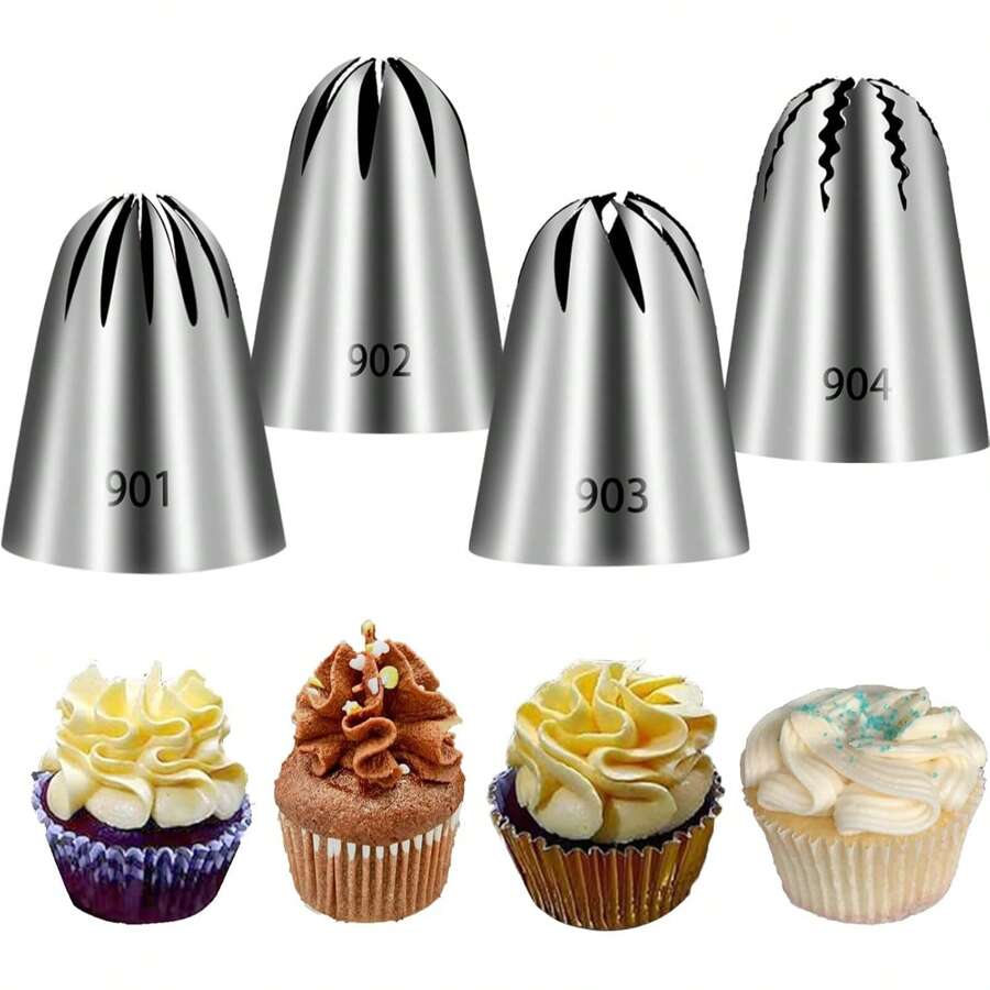 Ensemble de 4 pièces de grandes douilles à motifs pour la décoration de gâteaux. Outils de pâtisserie pour décoration de gâteaux et de cupcakes. Outils de gâteau à motifs, ustensiles de cuisine pour crème et biscuits