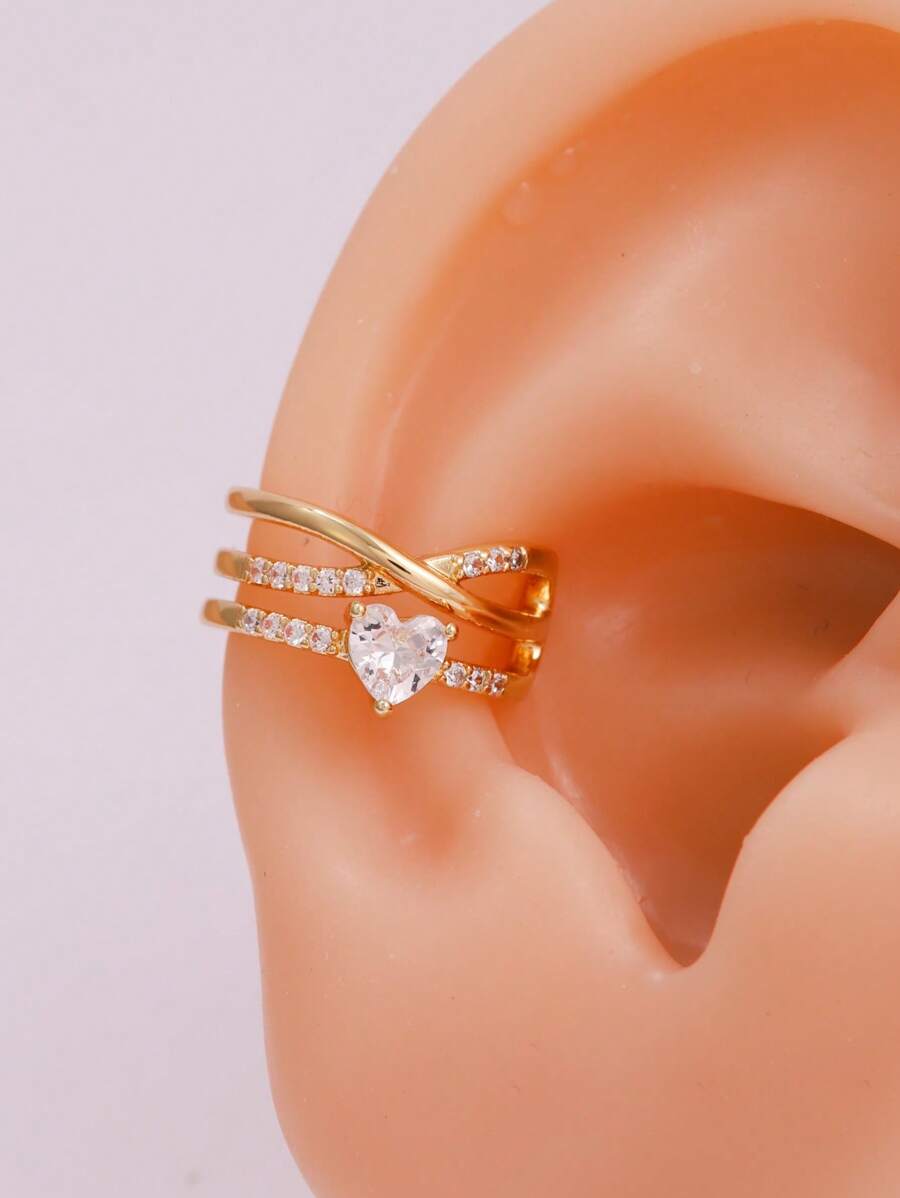 2pieces Fashionable & Simple Heart Stacking Beach Ear Clips, Micro Inlaid Sparkling Cubic Zirconia Exquisite Clip Earrings, Wear Ear Percings, Very Suitable For Women's Daily Wear
