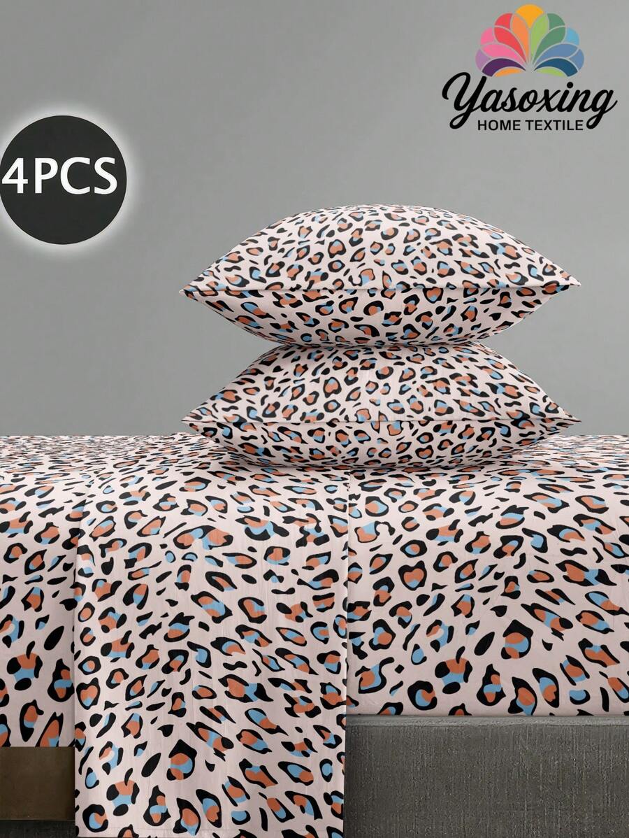 Conjunto de lençóis com estampa de leopardo azul-rosa e animal, 4 peças, fácil de cuidar, de microfibra macia, conjunto de lençóis com elástico floral (1 lençol liso + 1 lençol com elástico + 2 fronhas), conjunto de lençóis com elástico, tamanho king/queen, tamanho solteiro, lençol com bolso profundo, fronha de até 29 cm, macio, respirável, sem rugas, melhor para dormir, estilo hotel de luxo, presente para mãe, pai, amigo, roupa de cama para dormitório, roupa de cama para escola