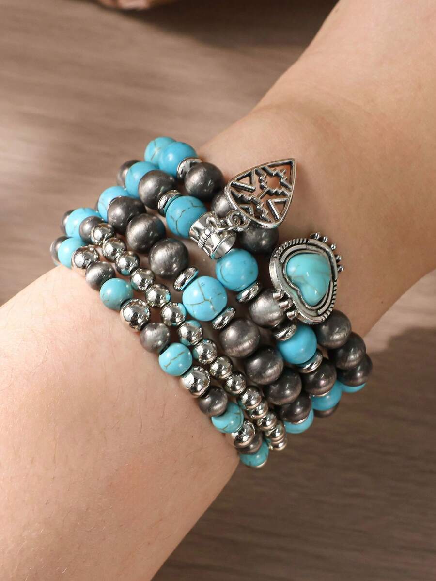 5 pièces Bracelets élastiques de style bohème classique empilables avec perles en forme de cœur en imitation turquoise, tressés à la main, convenant à tous, pour le quotidien et les vacances