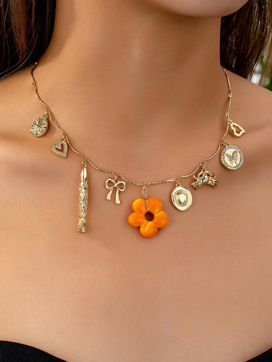 1 pieza Collar con colgante de corazón con lazo y diseño de pez, color dorado, collar con múltiples colgantes, collar de flores estilo Y2K para mujeres, regalo de joyería para mujeres, regalos para fiestas (accesorios hechos a mano, el color y la forma pueden variar ligeramente)