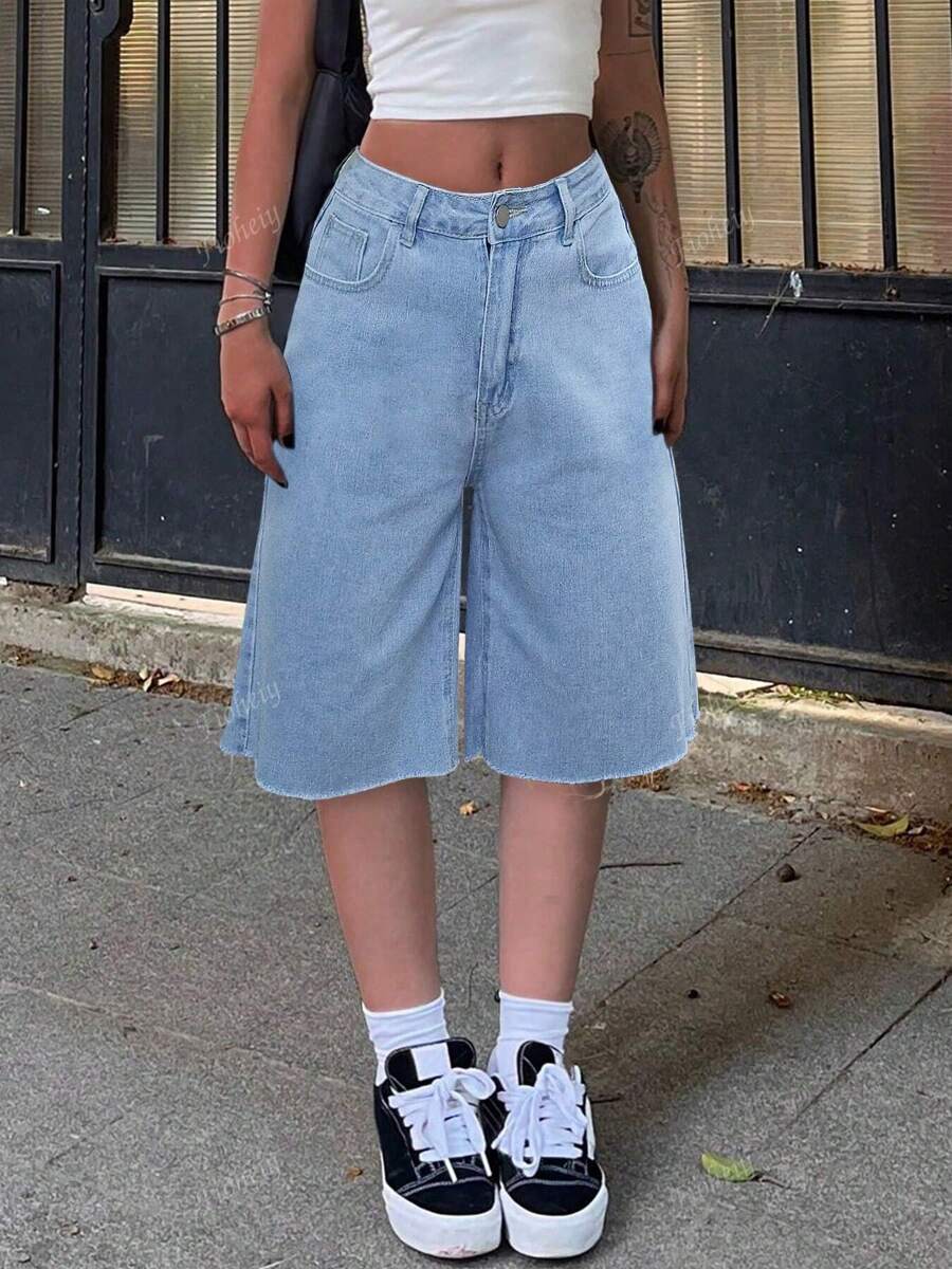 Raw Hem Denim Shorts Without Belt