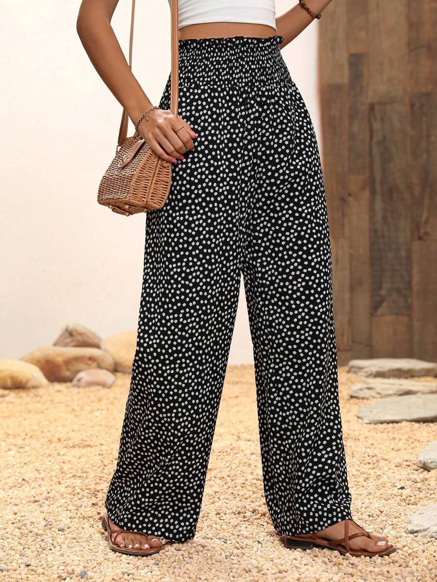 Pantalones anchos de pierna recta de cintura alta con lunares, cintura ajustada, pantalones casuales de pierna ancha estilizantes