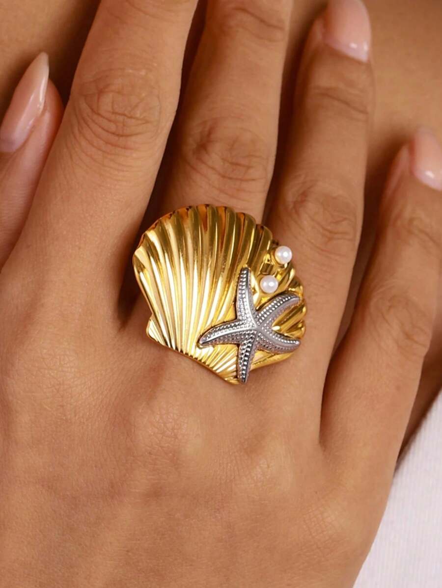 Bague minimaliste avec design d'étoile de mer et coquillage, bague de coquillage de palourde de plage, bague de style ajustable ouverte pour femmes