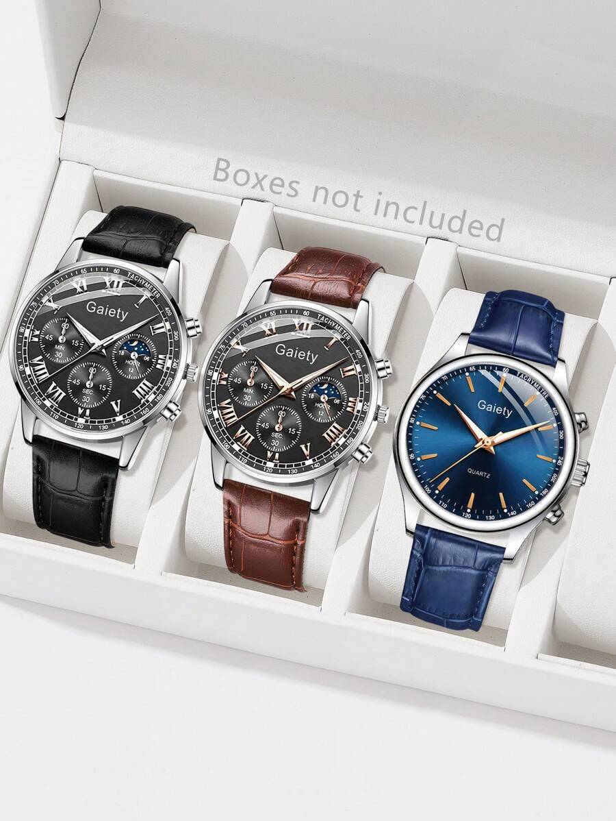 3 PiecesMen's PU Leather Strap Fashion Business Mixed Scale Quartz Watch Set Suitable For Daily Wear Decoration Or Holiday Gifts