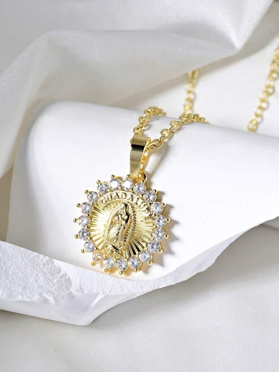 1pc Elegant Virgin Mary Women's Pendant Necklace,14K Gold Plated Stylish Round Sun Pendant With Micro-Set Shiny Zirconia,Guadalupe Script,Religious Believer Jewelry.Perfect For Daily Wear,Layering,Vacation,Holidays,Weddings And Prayers.Perfect Gift For Your Girlfriend,Friend,Mother.