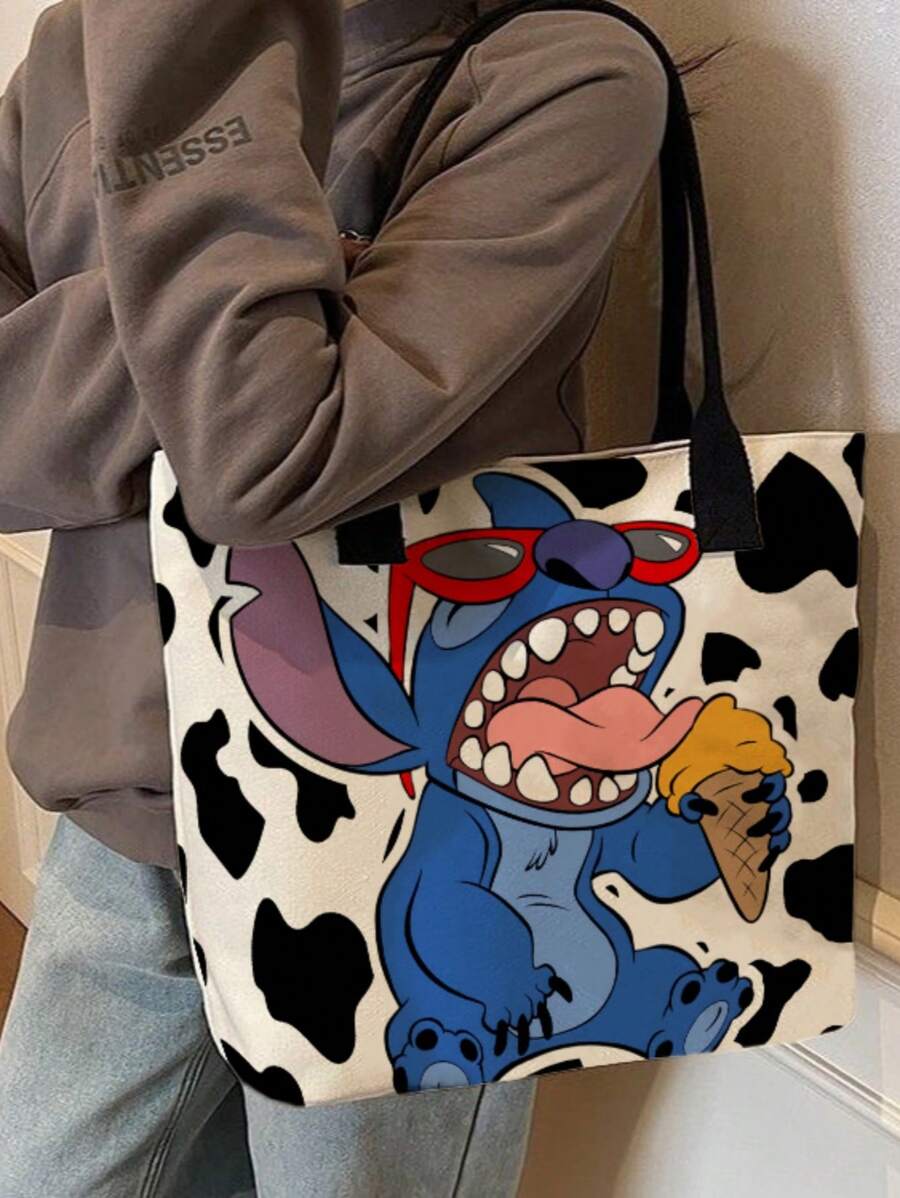 Disney 1 pieza (Autorizado por Disney) Bolsa de lona de gran capacidad con un solo hombro con diseño de la serie de dibujos animados a rayas de Stitch, estilo japonés.