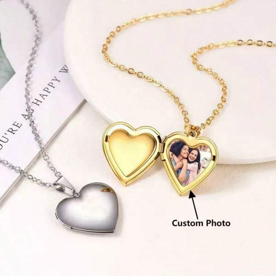 Colar com medalhão de foto em formato de coração com foto personalizada - Pingente de aço inoxidável faça você mesmo com corrente dourada, personalizável para acessórios de moda masculina, colar com foto personalizado | Colar com corrente dourada | Design exclusivo, colar personalizado