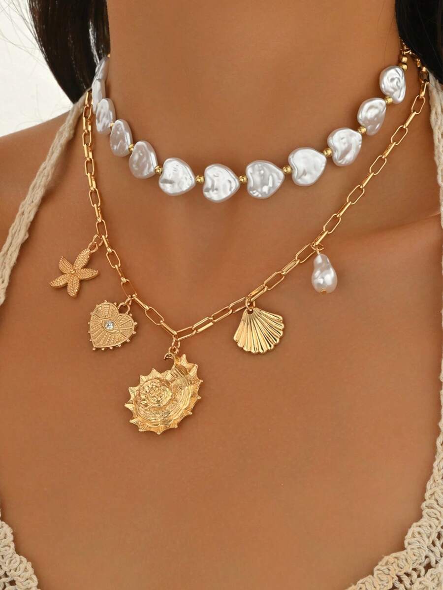 Set de 2 collares con colgante de concha marina para mujer, collar de metal dorado con perla artificial, accesorio versátil para uso diario, citas, fiestas y viajes