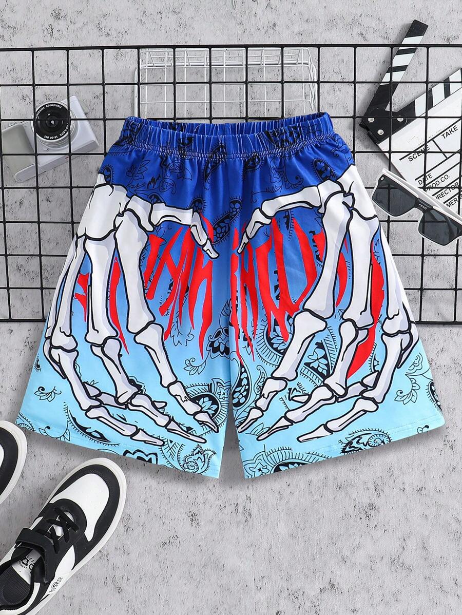 1 pieza Pantalones cortos de moda urbana para niños con diseño de calavera, mano y estampado de paisley, para primavera/verano