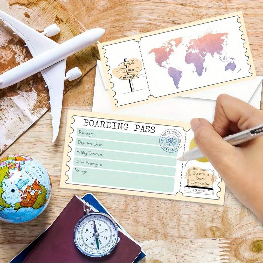 1 set de 2 piezas de tarjetas de embarque sorpresa de raspar de color rosa y morado, regalo sorpresa DIY, material resistente, anuncio sorpresa de raspar para cumpleaños, vacaciones, Navidad, boda, aniversario, San Valentín, incluye sobre y pegatina