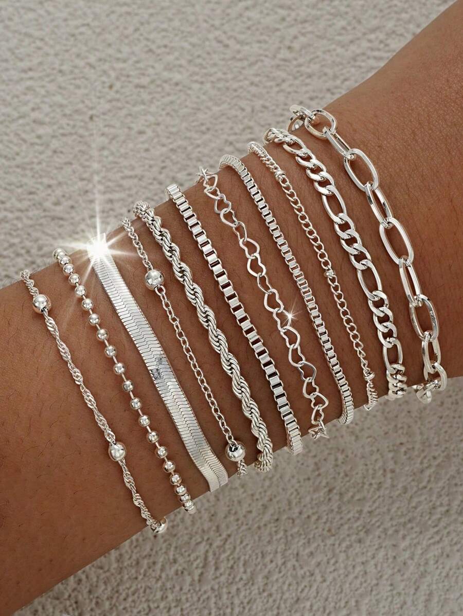 11 Stücke/5 Stücke schickes minimalistisches Armband-Set mit Herz-Perlen und Schlangenkette, exklusives Sommer-Party/Date Geschenk, alltägliche Passform, Schmuck für Freundin/Freundin